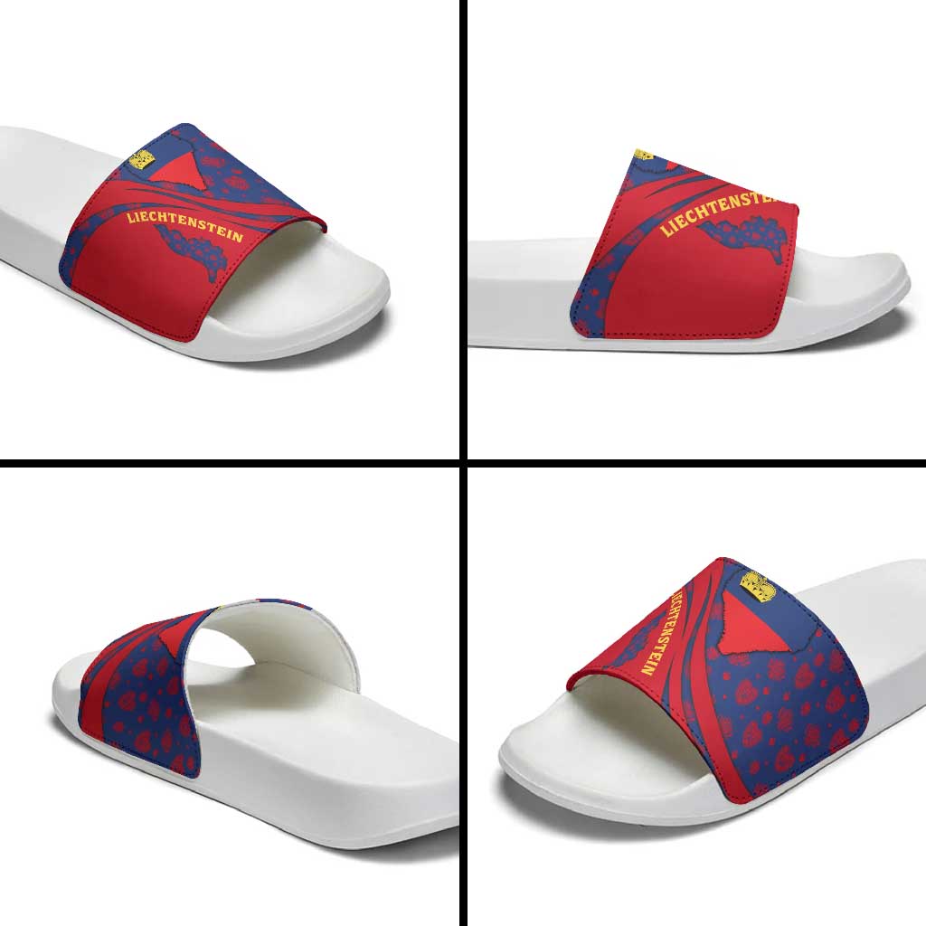 Liechtenstein Slide Sandals with Red Blue Heart Design and Royal Coat of Arms Pattern - Wonder Print Shop