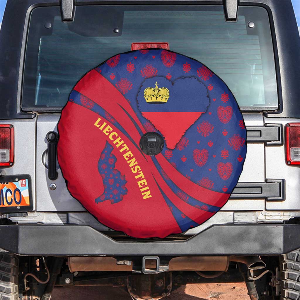 Liechtenstein Spare Tire Cover with Red Blue Heart Design and Royal Coat of Arms Pattern - Wonder Print Shop