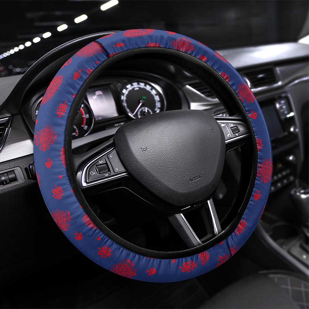 Liechtenstein Steering Wheel Cover with Red Blue Heart Design and Royal Coat of Arms Pattern - Wonder Print Shop