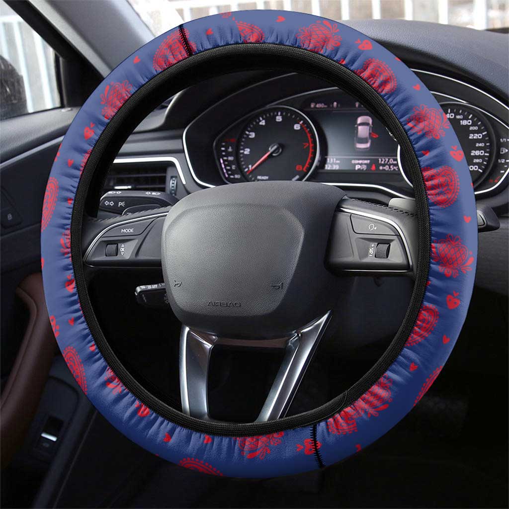 Liechtenstein Steering Wheel Cover with Red Blue Heart Design and Royal Coat of Arms Pattern - Wonder Print Shop