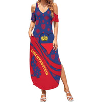 Liechtenstein Summer Maxi Dress with Red Blue Heart Design and Royal Coat of Arms Pattern - Wonder Print Shop