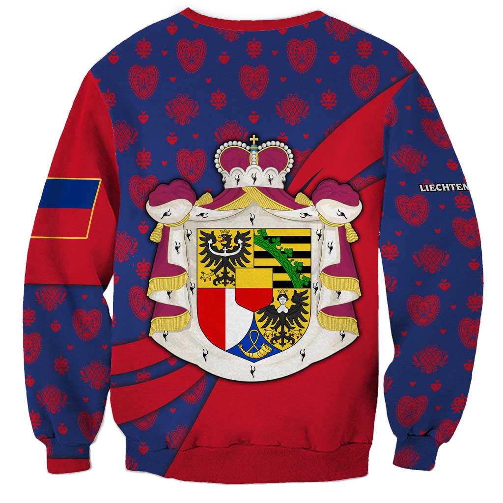 Liechtenstein Sweatshirt with Red Blue Heart Design and Royal Coat of Arms Pattern - Wonder Print Shop
