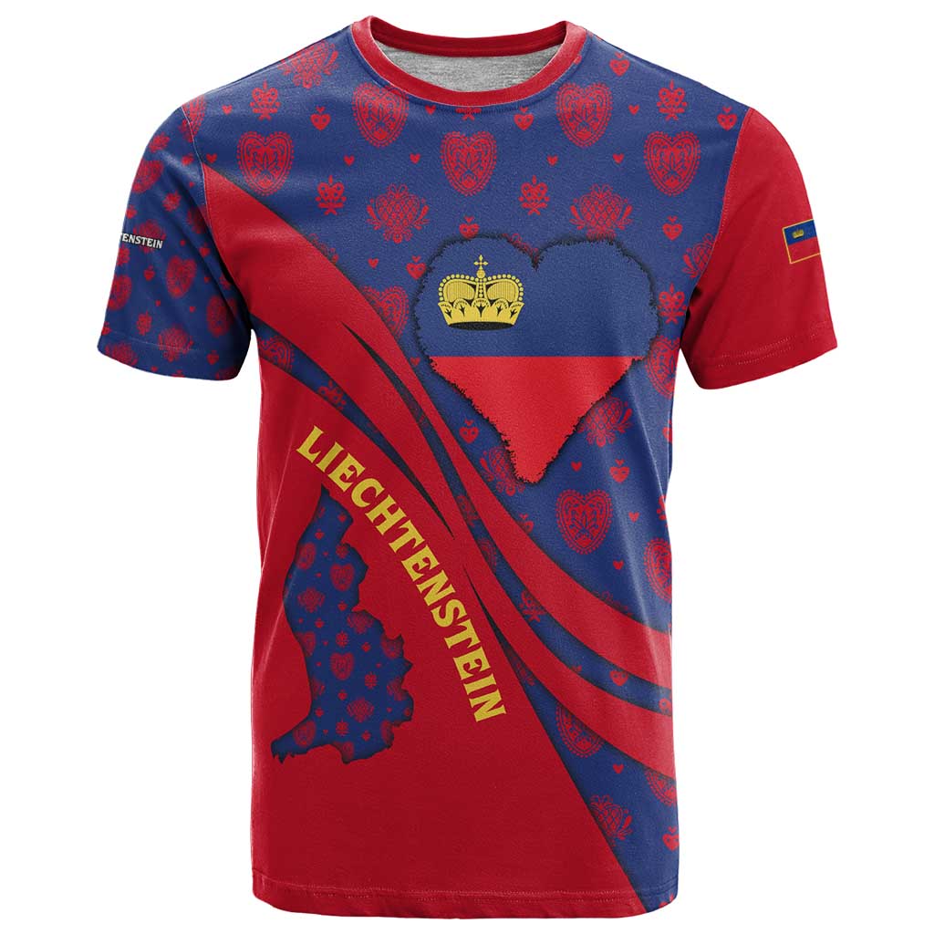 Liechtenstein T Shirt with Red Blue Heart Design and Royal Coat of Arms Pattern - Wonder Print Shop
