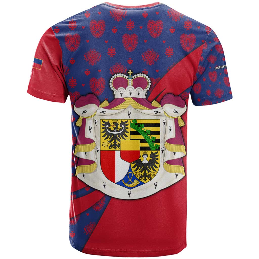 Liechtenstein T Shirt with Red Blue Heart Design and Royal Coat of Arms Pattern - Wonder Print Shop