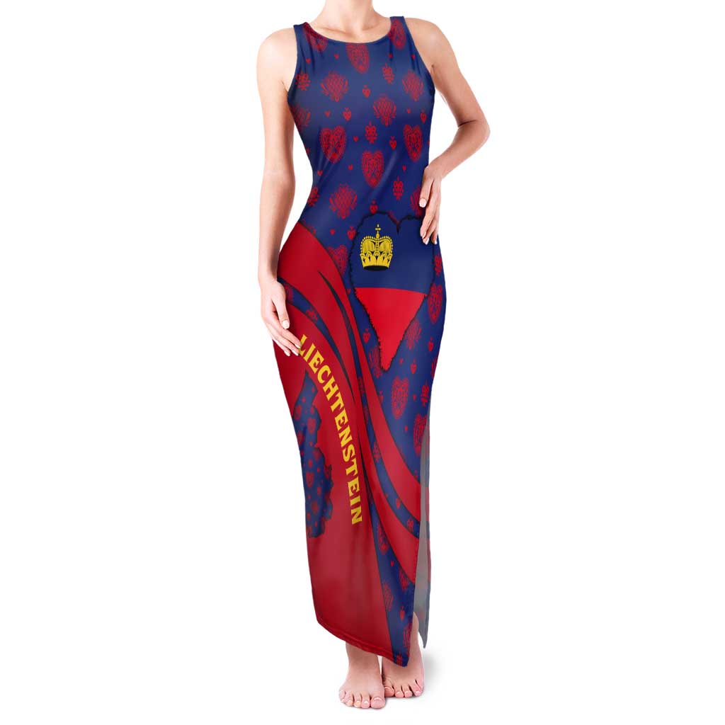 Liechtenstein Tank Maxi Dress with Red Blue Heart Design and Royal Coat of Arms Pattern - Wonder Print Shop