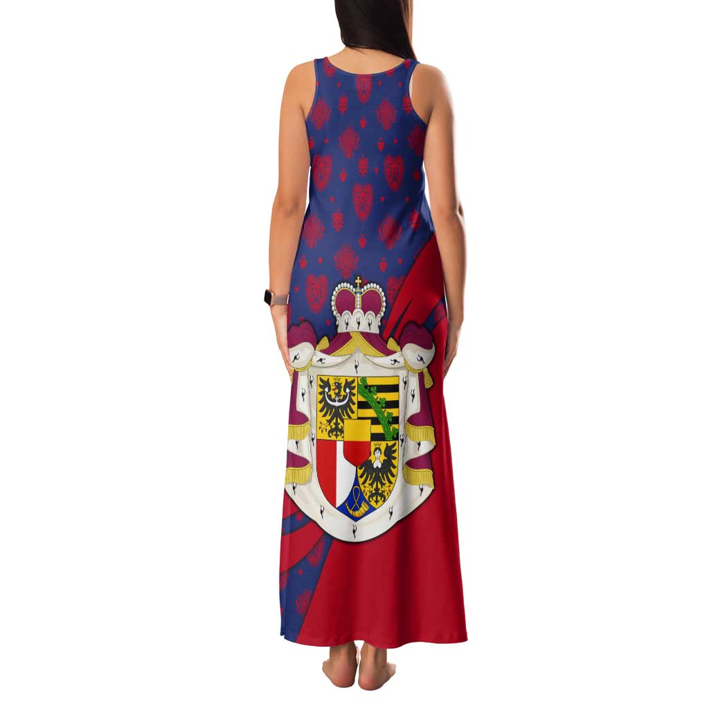 Liechtenstein Tank Maxi Dress with Red Blue Heart Design and Royal Coat of Arms Pattern - Wonder Print Shop