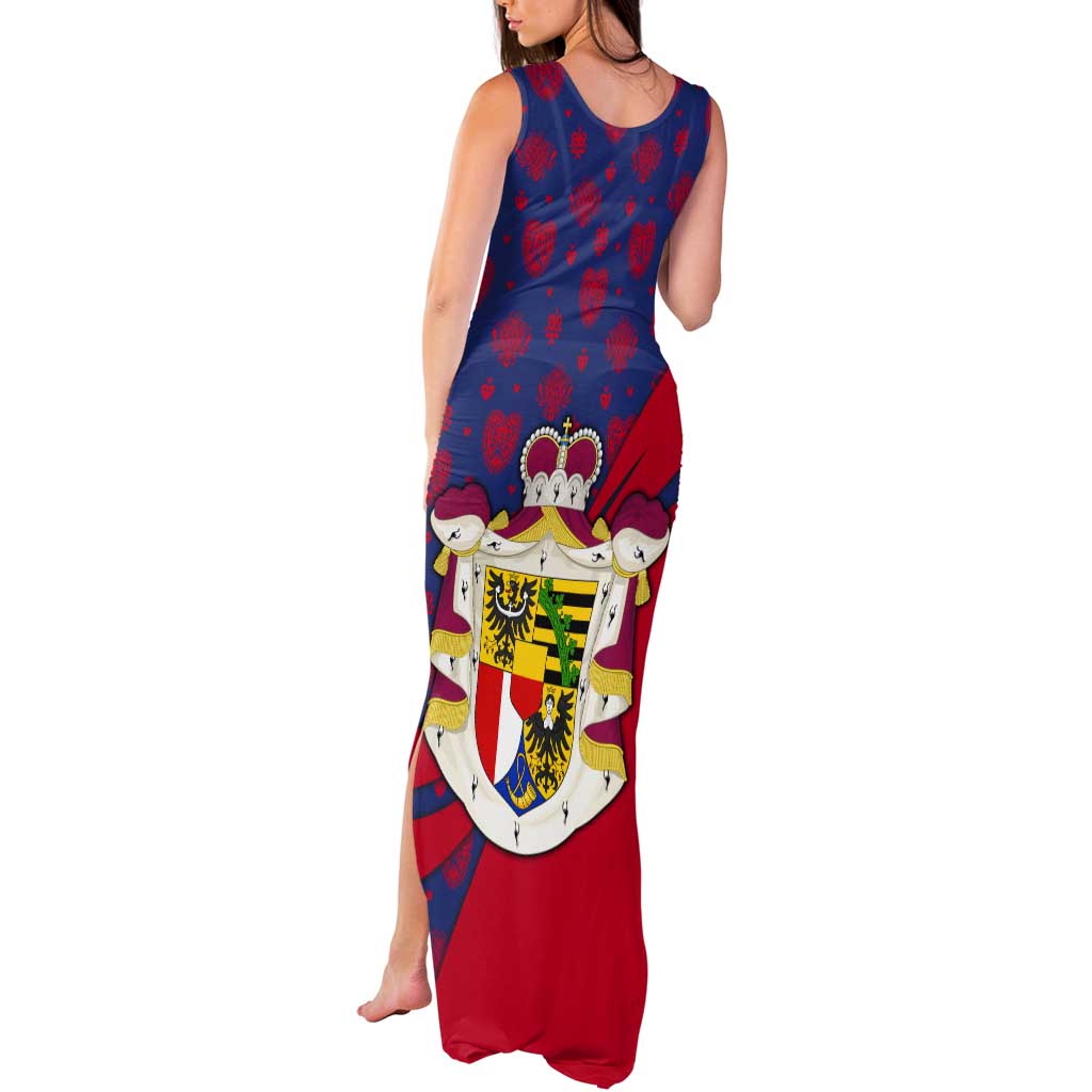 Liechtenstein Tank Maxi Dress with Red Blue Heart Design and Royal Coat of Arms Pattern - Wonder Print Shop
