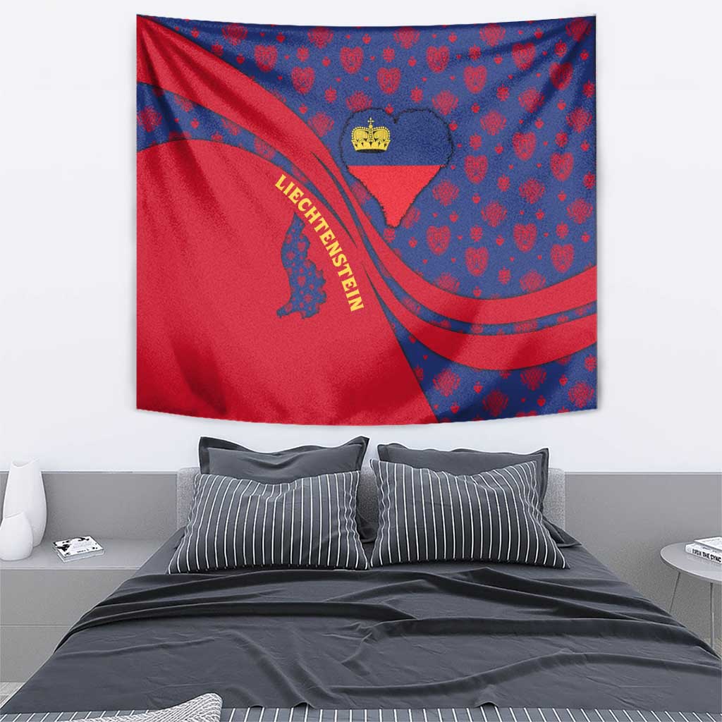 Liechtenstein Tapestry with Red Blue Heart Design and Royal Coat of Arms Pattern - Wonder Print Shop