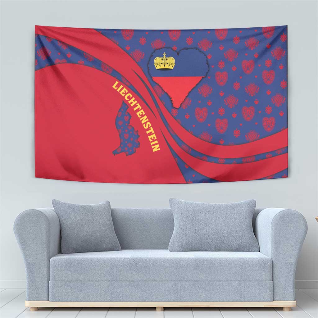 Liechtenstein Tapestry with Red Blue Heart Design and Royal Coat of Arms Pattern - Wonder Print Shop