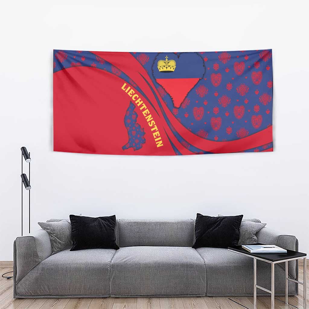 Liechtenstein Tapestry with Red Blue Heart Design and Royal Coat of Arms Pattern - Wonder Print Shop