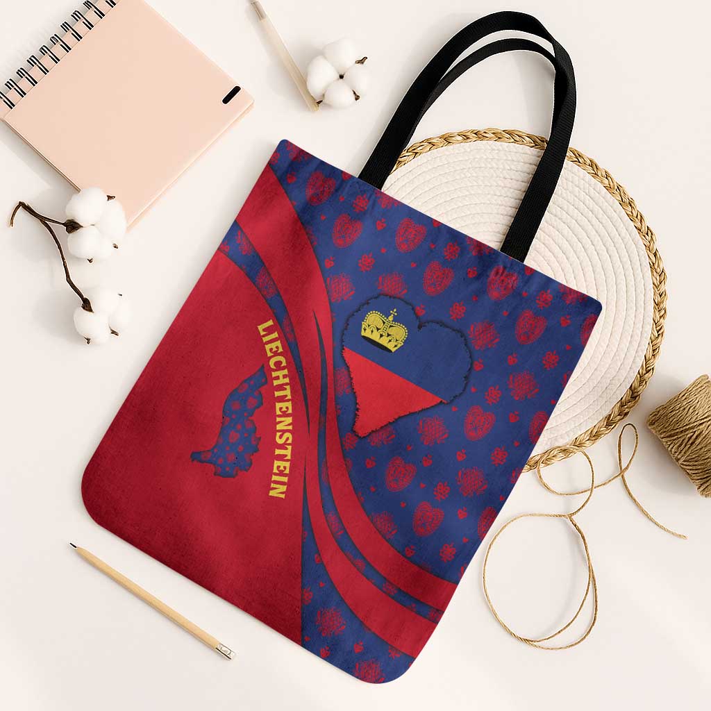 Liechtenstein Tote Bag with Red Blue Heart Design and Royal Coat of Arms Pattern - Wonder Print Shop
