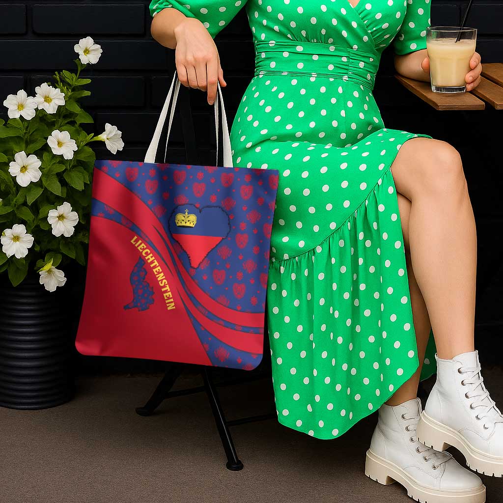Liechtenstein Tote Bag with Red Blue Heart Design and Royal Coat of Arms Pattern - Wonder Print Shop