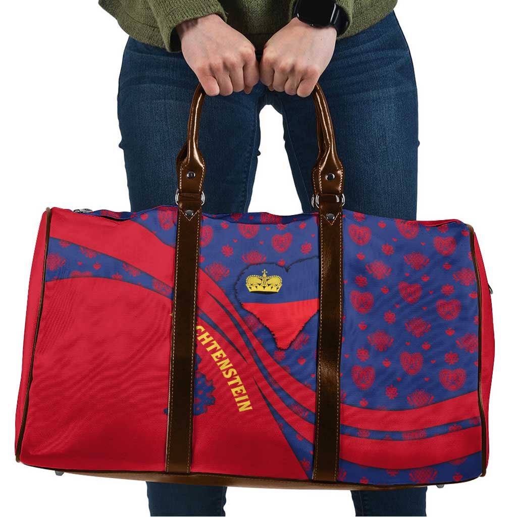 Liechtenstein Travel Bag with Red Blue Heart Design and Royal Coat of Arms Pattern - Wonder Print Shop