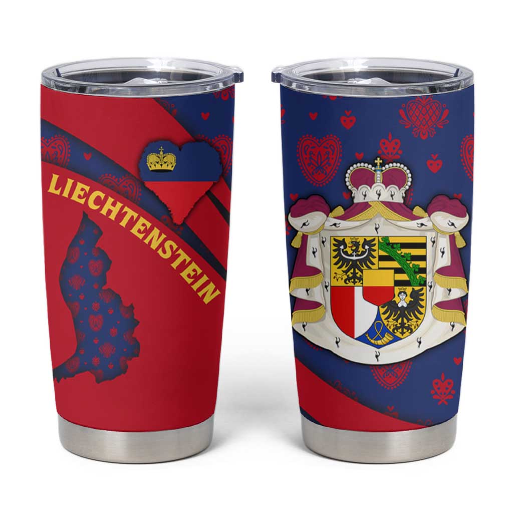 Liechtenstein Tumbler Cup with Red Blue Heart Design and Royal Coat of Arms Pattern - Wonder Print Shop