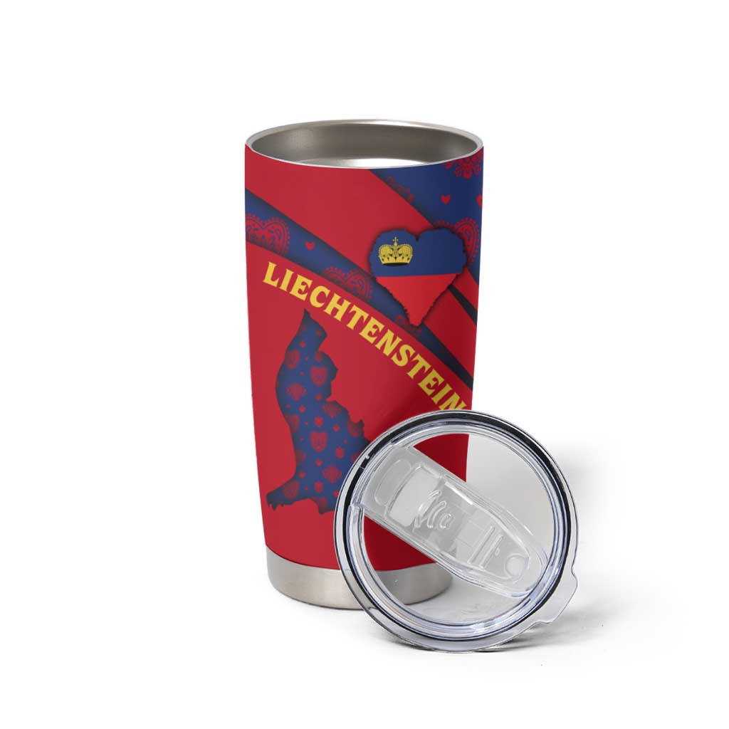 Liechtenstein Tumbler Cup with Red Blue Heart Design and Royal Coat of Arms Pattern - Wonder Print Shop