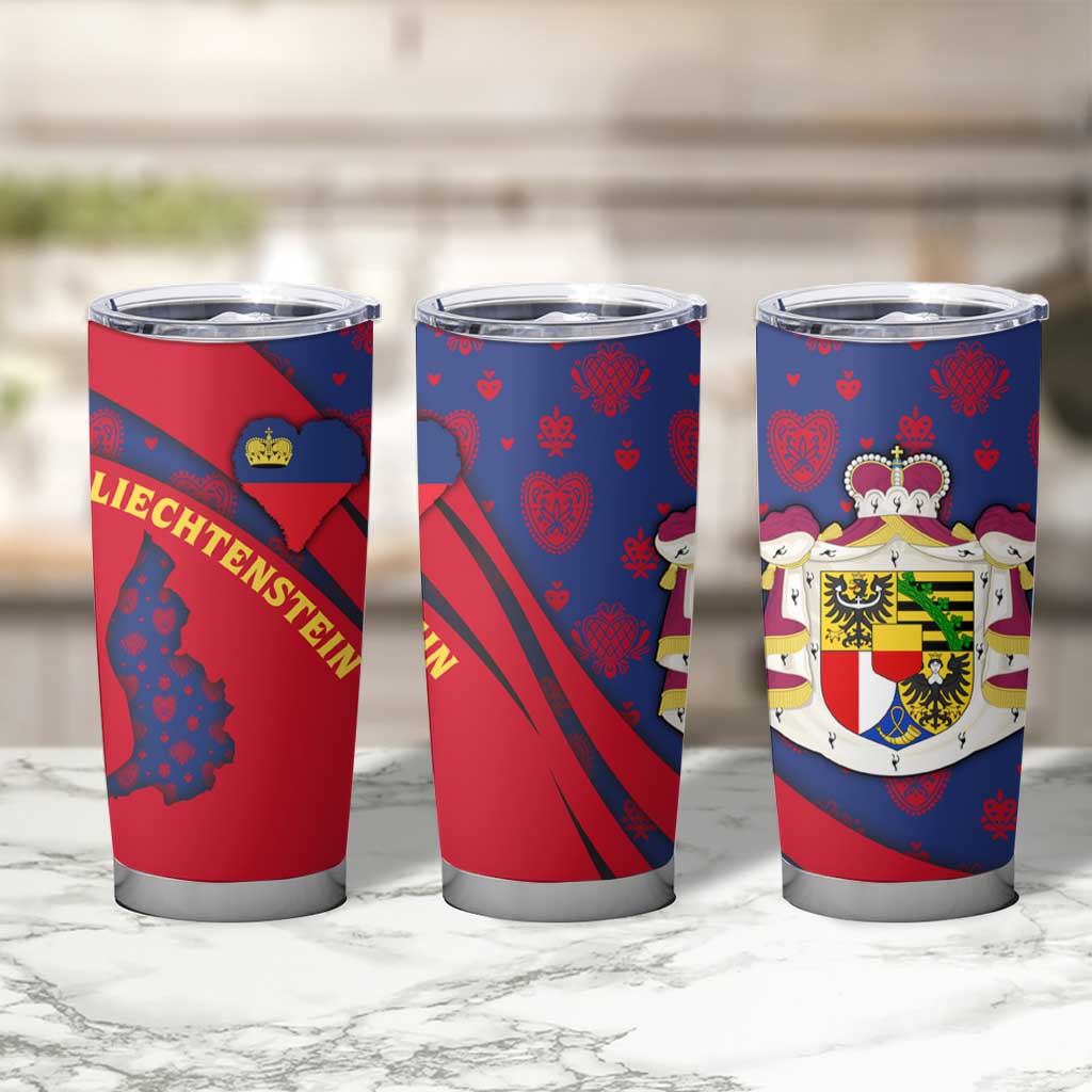 Liechtenstein Tumbler Cup with Red Blue Heart Design and Royal Coat of Arms Pattern - Wonder Print Shop