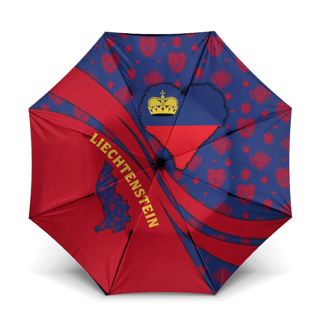 Liechtenstein Umbrella with Red Blue Heart Design and Royal Coat of Arms Pattern - Wonder Print Shop