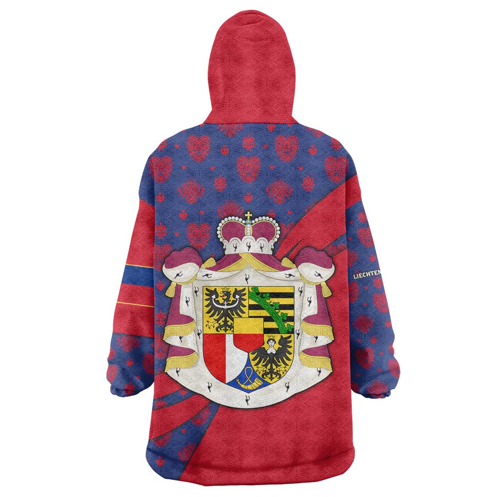 Liechtenstein Wearable Blanket Hoodie with Red Blue Heart Design and Royal Coat of Arms Pattern - Wonder Print Shop