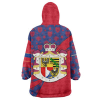 Liechtenstein Wearable Blanket Hoodie with Red Blue Heart Design and Royal Coat of Arms Pattern - Wonder Print Shop