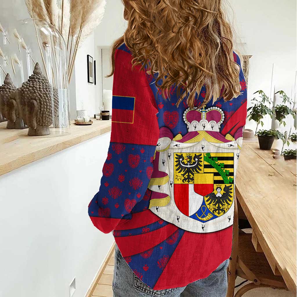 Liechtenstein Women Casual Shirt with Red Blue Heart Design and Royal Coat of Arms Pattern - Wonder Print Shop