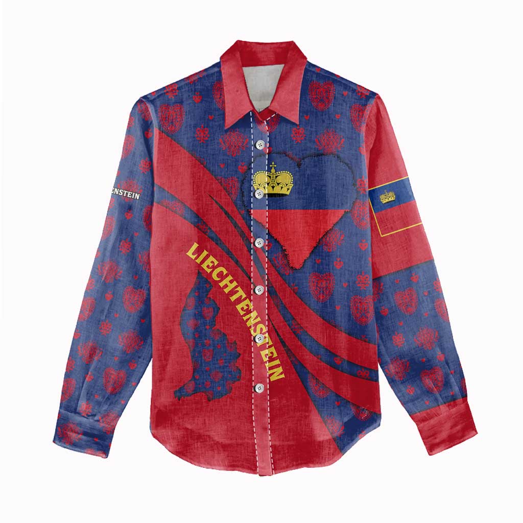 Liechtenstein Women Casual Shirt with Red Blue Heart Design and Royal Coat of Arms Pattern - Wonder Print Shop