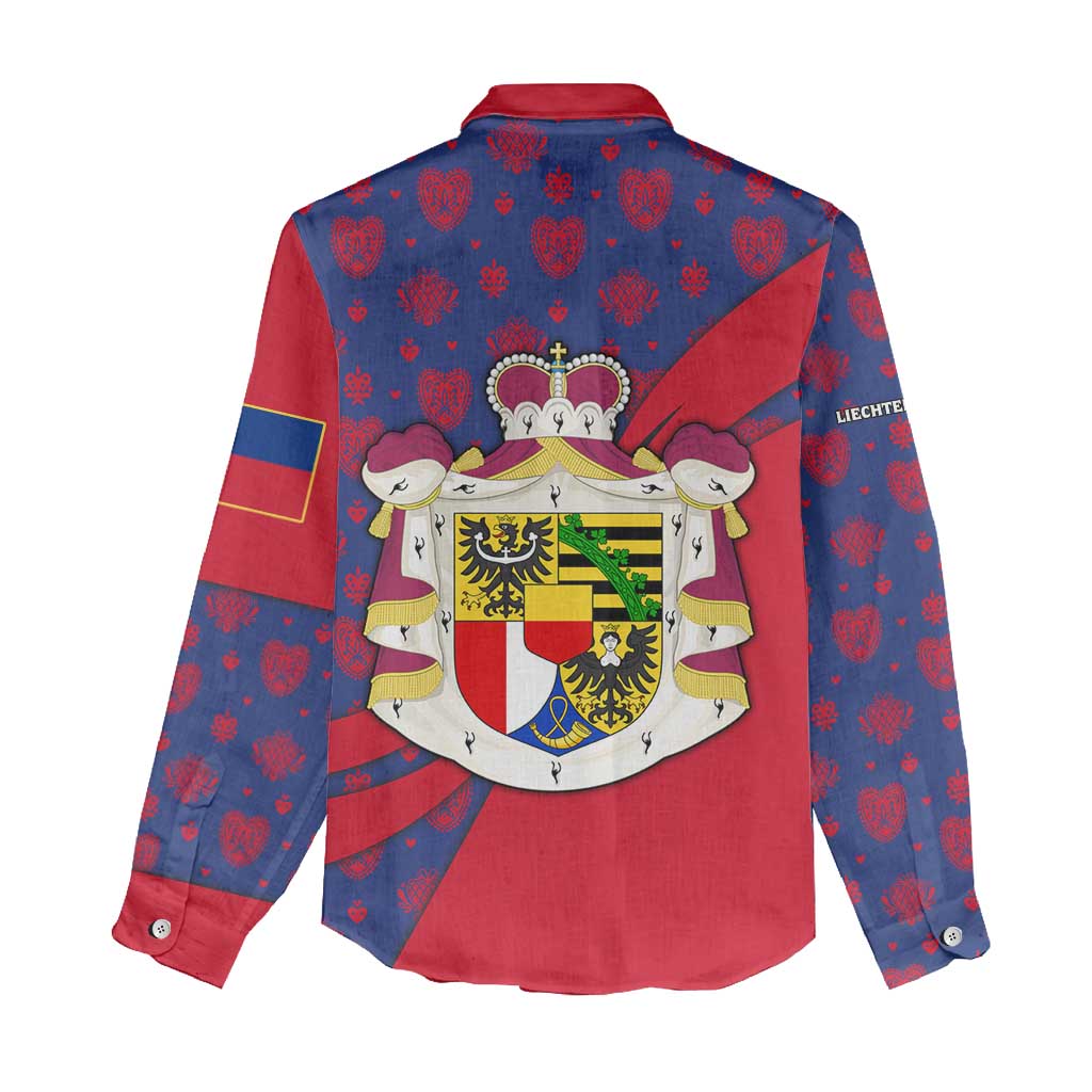 Liechtenstein Women Casual Shirt with Red Blue Heart Design and Royal Coat of Arms Pattern - Wonder Print Shop