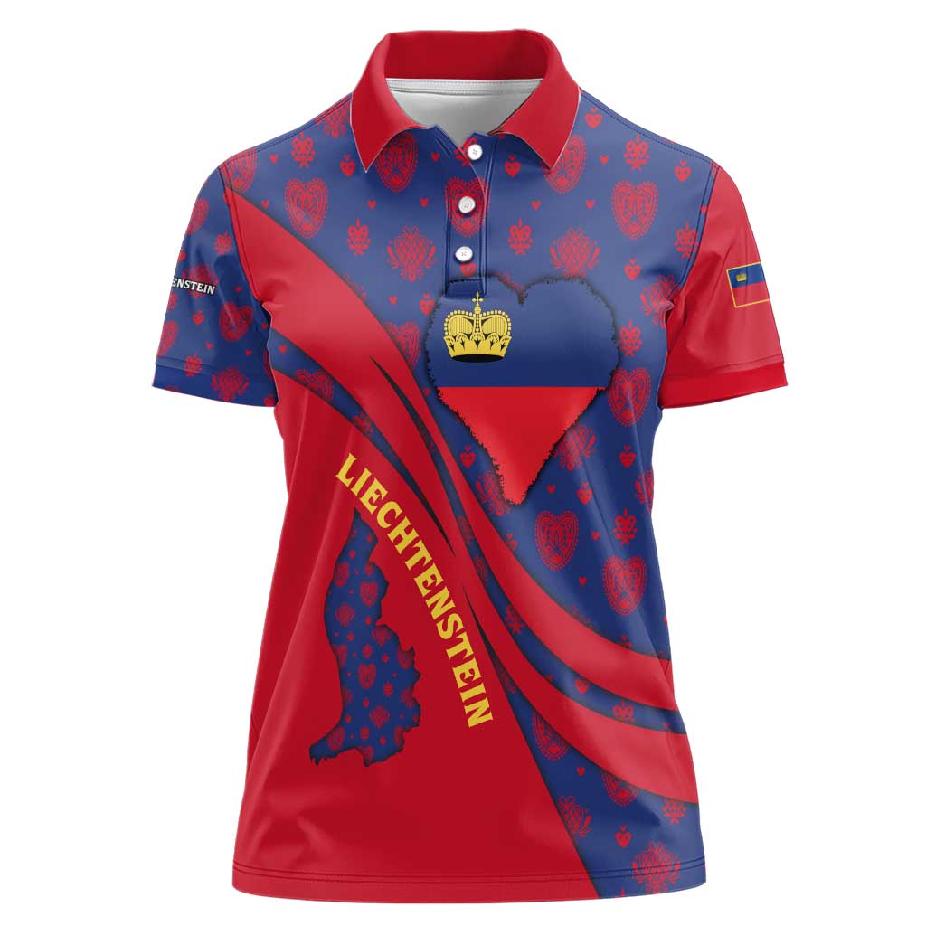 Liechtenstein Women Polo Shirt with Red Blue Heart Design and Royal Coat of Arms Pattern - Wonder Print Shop