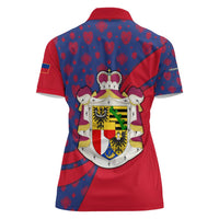 Liechtenstein Women Polo Shirt with Red Blue Heart Design and Royal Coat of Arms Pattern - Wonder Print Shop