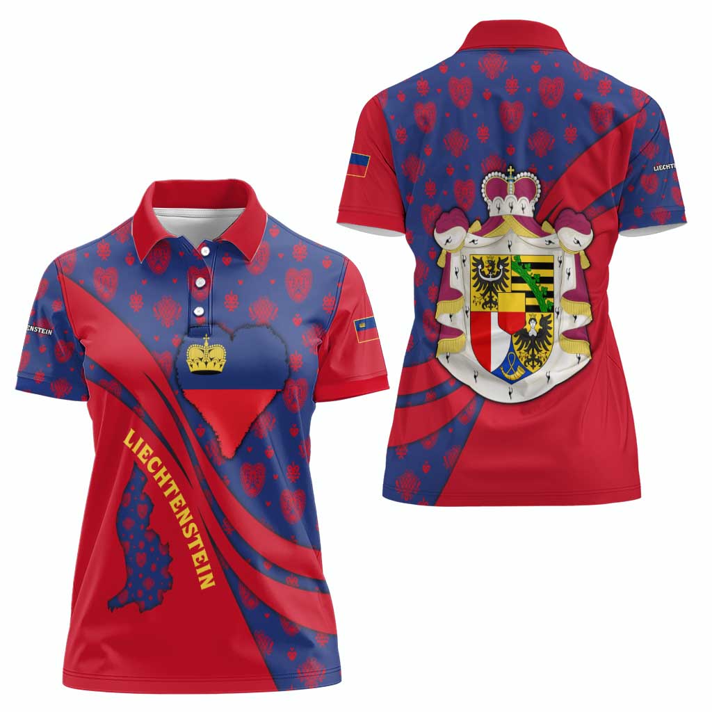 Liechtenstein Women Polo Shirt with Red Blue Heart Design and Royal Coat of Arms Pattern - Wonder Print Shop