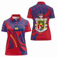 Liechtenstein Women Polo Shirt with Red Blue Heart Design and Royal Coat of Arms Pattern - Wonder Print Shop