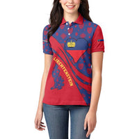 Liechtenstein Women Polo Shirt with Red Blue Heart Design and Royal Coat of Arms Pattern - Wonder Print Shop