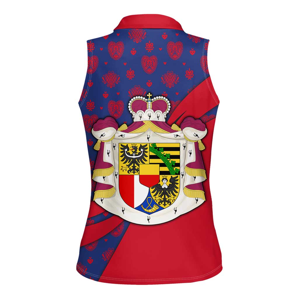 Liechtenstein Women Sleeveless Polo Shirt with Red Blue Heart Design and Royal Coat of Arms Pattern - Wonder Print Shop