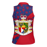 Liechtenstein Women Sleeveless Polo Shirt with Red Blue Heart Design and Royal Coat of Arms Pattern - Wonder Print Shop
