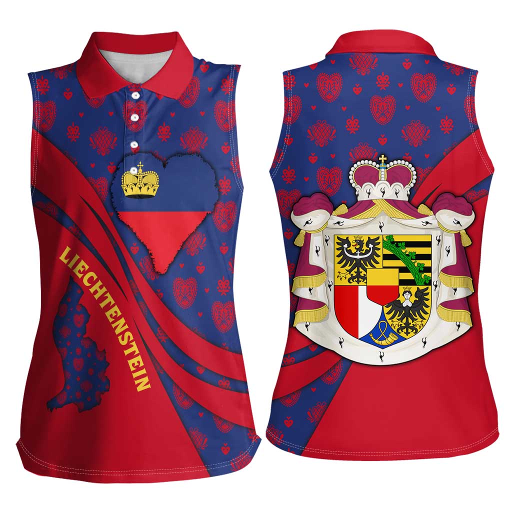 Liechtenstein Women Sleeveless Polo Shirt with Red Blue Heart Design and Royal Coat of Arms Pattern - Wonder Print Shop