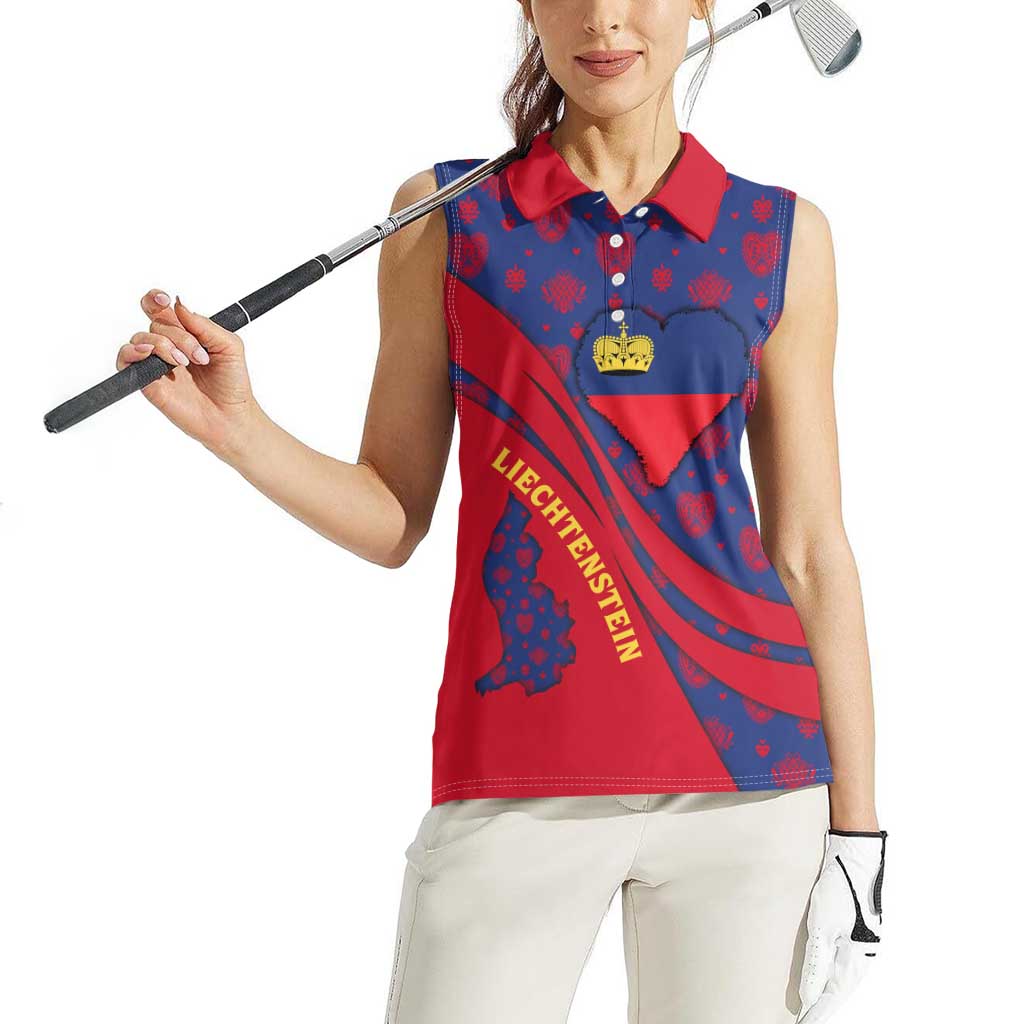 Liechtenstein Women Sleeveless Polo Shirt with Red Blue Heart Design and Royal Coat of Arms Pattern - Wonder Print Shop