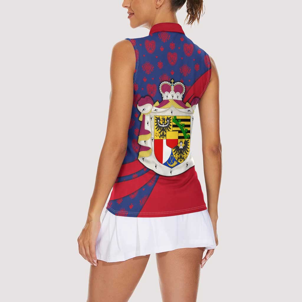 Liechtenstein Women Sleeveless Polo Shirt with Red Blue Heart Design and Royal Coat of Arms Pattern - Wonder Print Shop