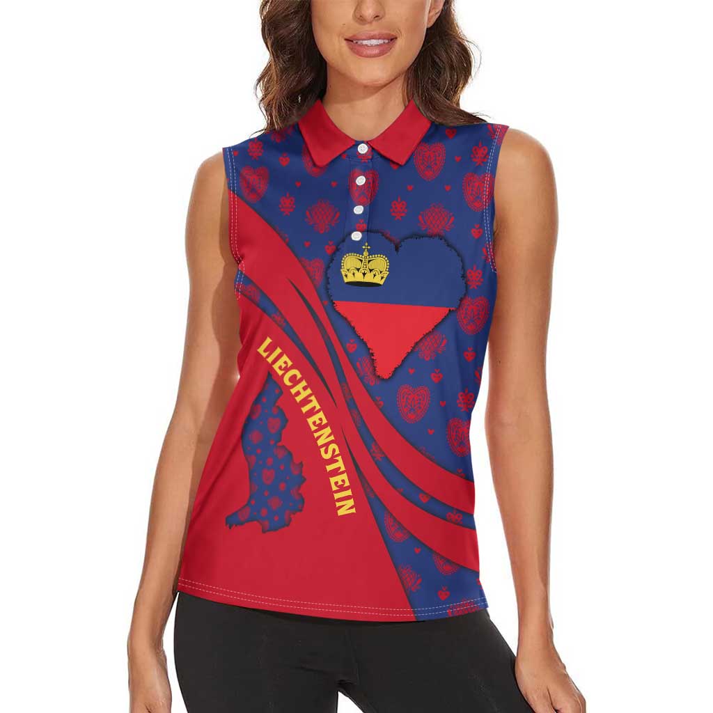 Liechtenstein Women Sleeveless Polo Shirt with Red Blue Heart Design and Royal Coat of Arms Pattern - Wonder Print Shop