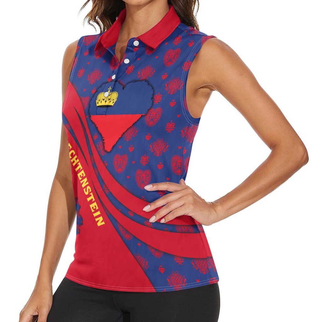 Liechtenstein Women Sleeveless Polo Shirt with Red Blue Heart Design and Royal Coat of Arms Pattern - Wonder Print Shop