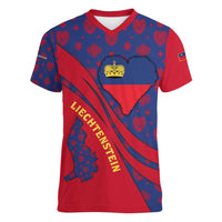 Liechtenstein Women V-Neck T-Shirt with Red Blue Heart Design and Royal Coat of Arms Pattern - Wonder Print Shop