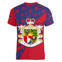 Liechtenstein Women V-Neck T-Shirt with Red Blue Heart Design and Royal Coat of Arms Pattern - Wonder Print Shop