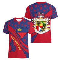 Liechtenstein Women V-Neck T-Shirt with Red Blue Heart Design and Royal Coat of Arms Pattern - Wonder Print Shop