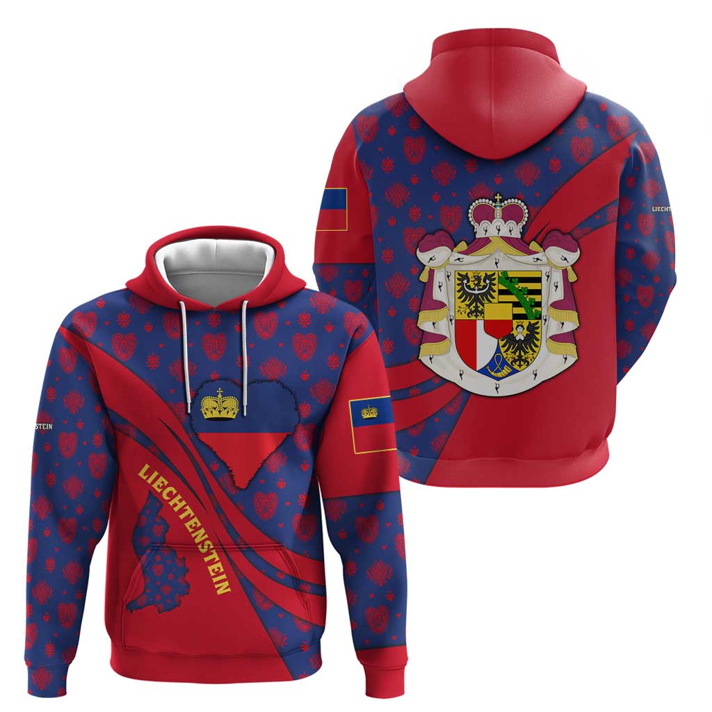 Liechtenstein Zip Hoodie with Red Blue Heart Design and Royal Coat of Arms Pattern - Wonder Print Shop