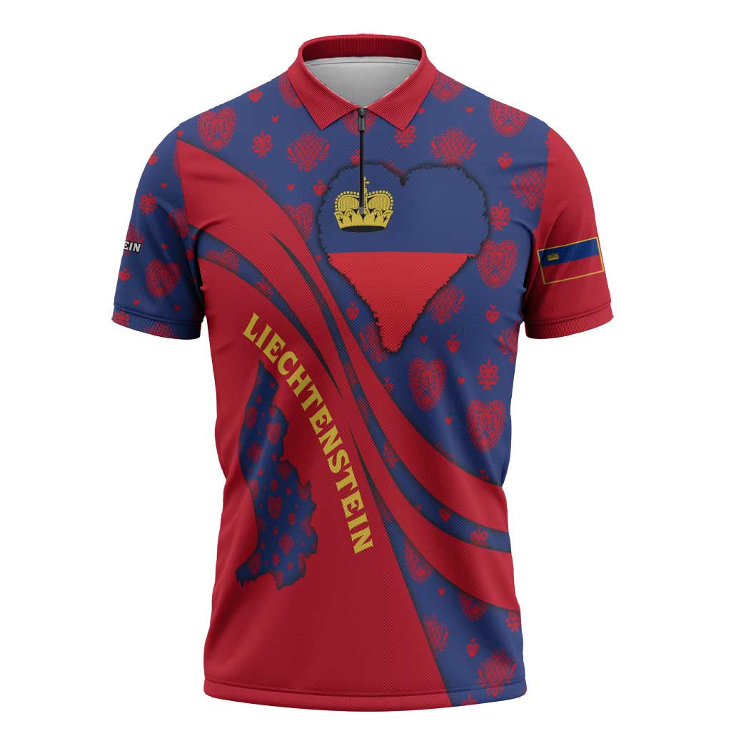 Liechtenstein Zipper Polo Shirt with Red Blue Heart Design and Royal Coat of Arms Pattern - Wonder Print Shop