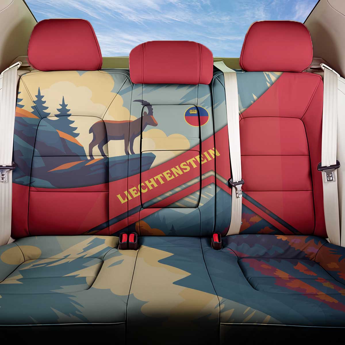 Liechtenstein Back Car Seat Cover with Mountain Goat Landscape Design and Red Blue Alps - Wonder Print Shop