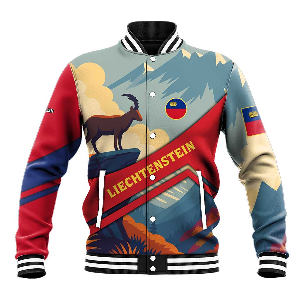 Liechtenstein Baseball Jacket with Mountain Goat Landscape Design and Red Blue Alps - Wonder Print Shop