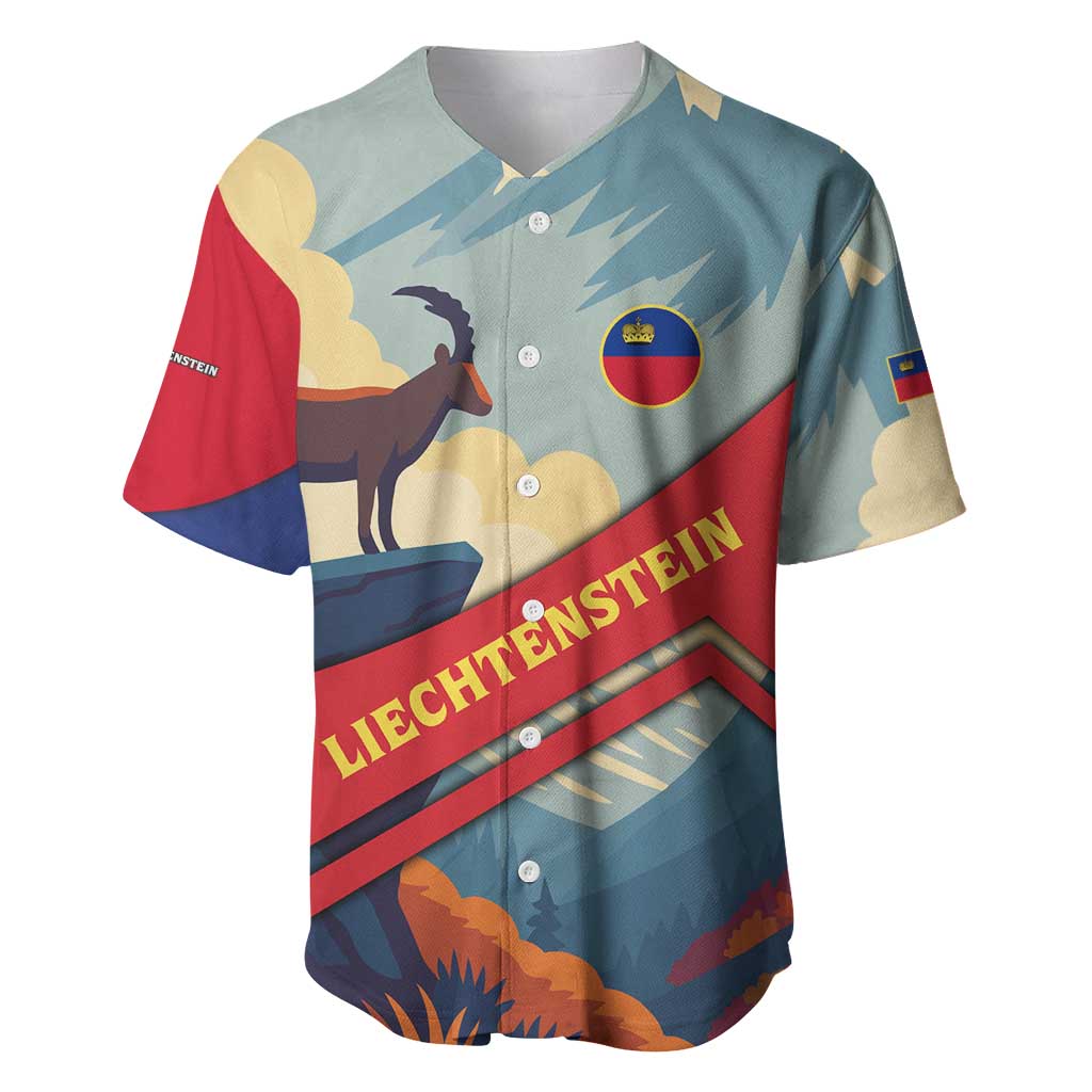 Liechtenstein Baseball Jersey with Mountain Goat Landscape Design and Red Blue Alps - Wonder Print Shop