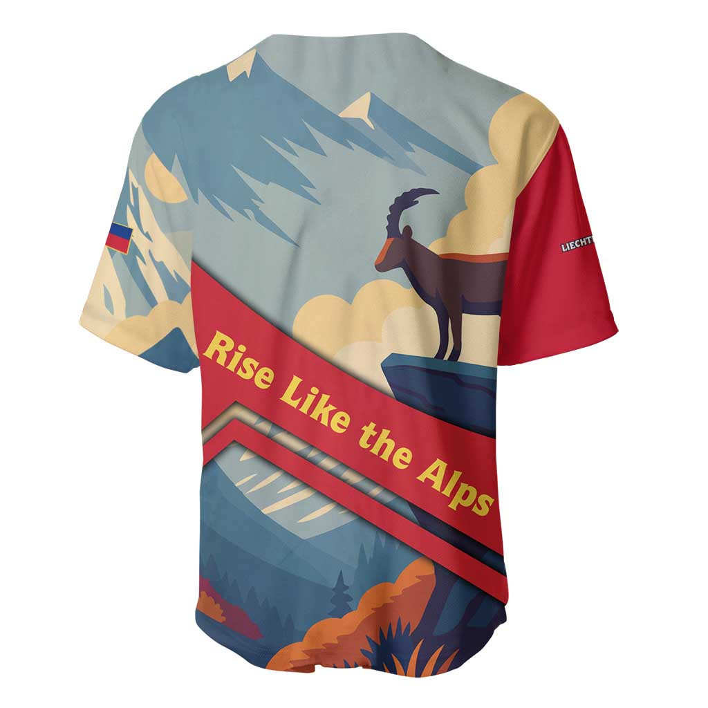 Liechtenstein Baseball Jersey with Mountain Goat Landscape Design and Red Blue Alps - Wonder Print Shop