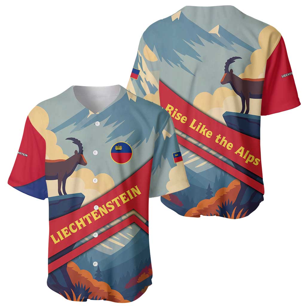 Liechtenstein Baseball Jersey with Mountain Goat Landscape Design and Red Blue Alps - Wonder Print Shop