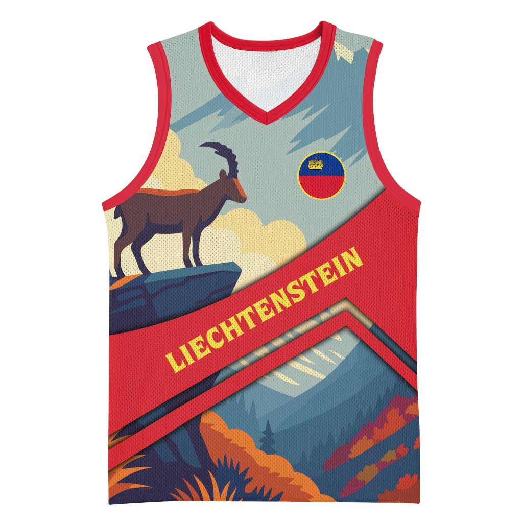 Liechtenstein Basketball Jersey with Mountain Goat Landscape Design and Red Blue Alps - Wonder Print Shop