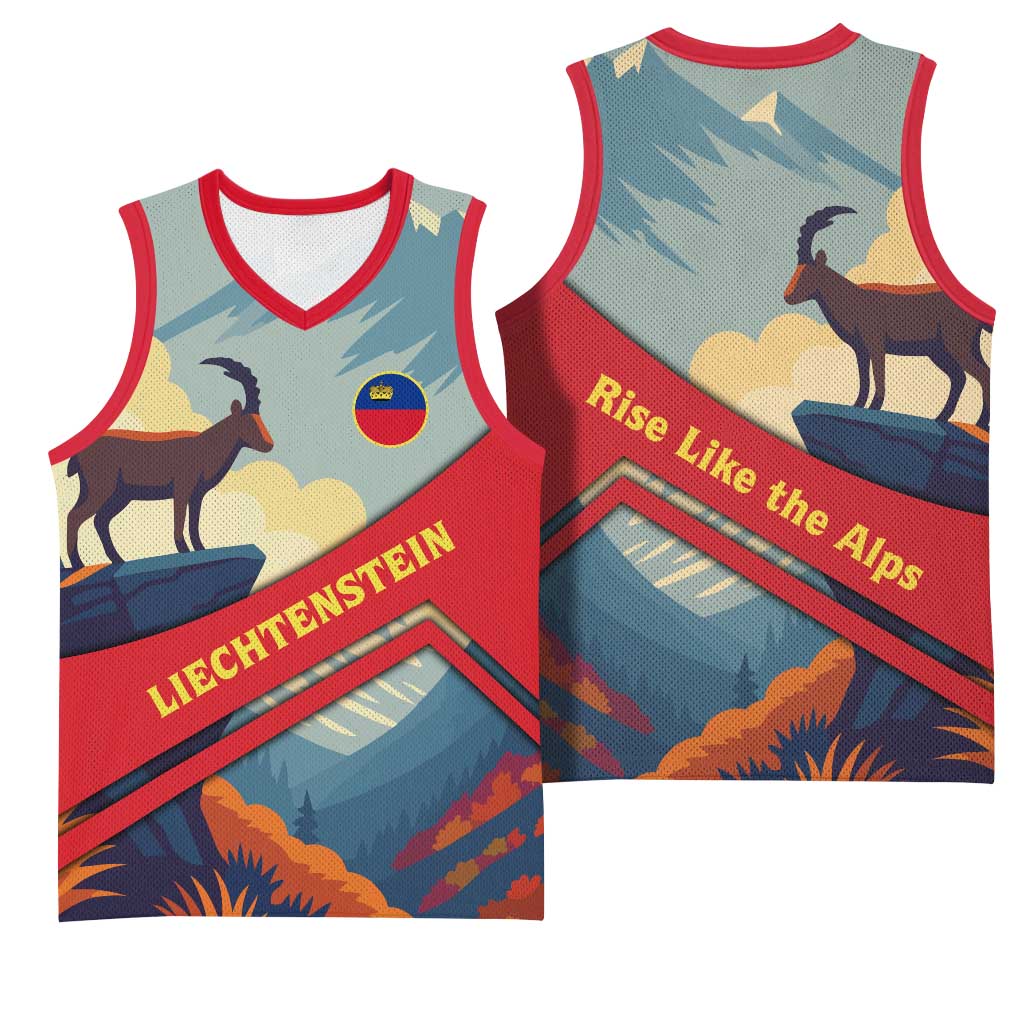 Liechtenstein Basketball Jersey with Mountain Goat Landscape Design and Red Blue Alps - Wonder Print Shop